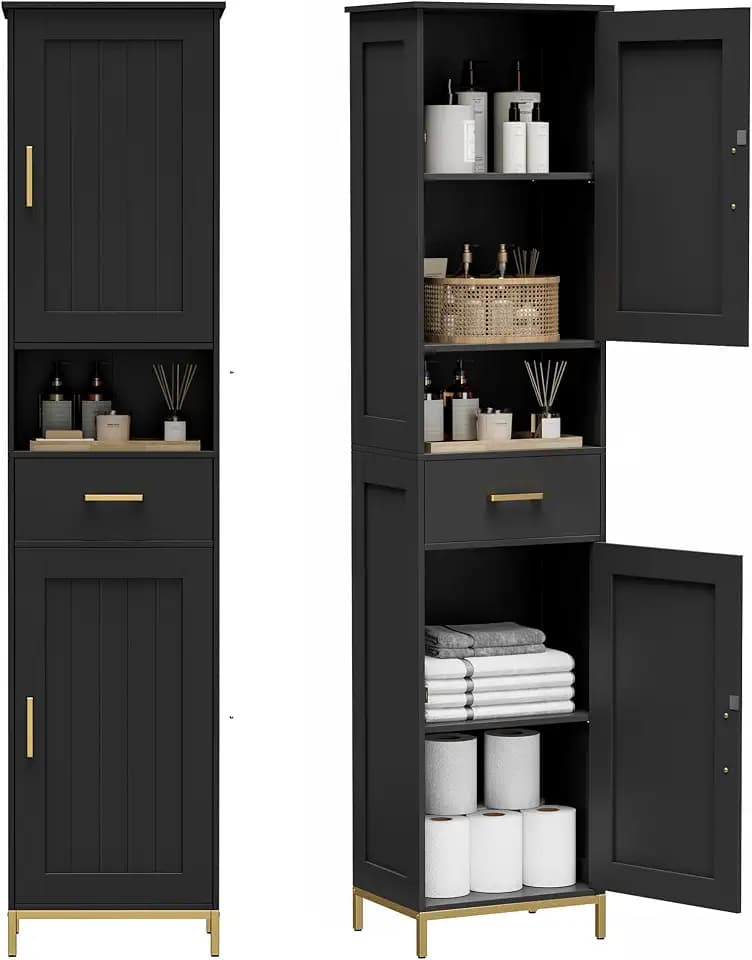 Homhedy 67" H Bathroom Storage Cabinet, Tall Bathroom Cabinet, Black