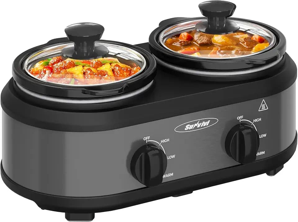 Sunvivi Dual Pot Slow Cooker, 2 Pot Small Mini Crock Buffet Server and Warmer, Buffet Food Warmer Adjustable Temp Glass Lid, Total 2.5 Quarts