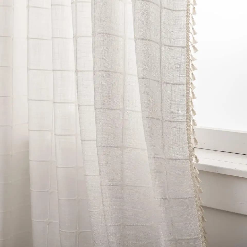 Deeprove Boho Plaid Curtains 63 inch for Home Office Kitchen Nursery, Semi Blackout Casual Farmhouse Tassels Window Treatment Bohemian Embroidery Drape Rod Pocket 1 Panel 52 W x 63 L, Cream White