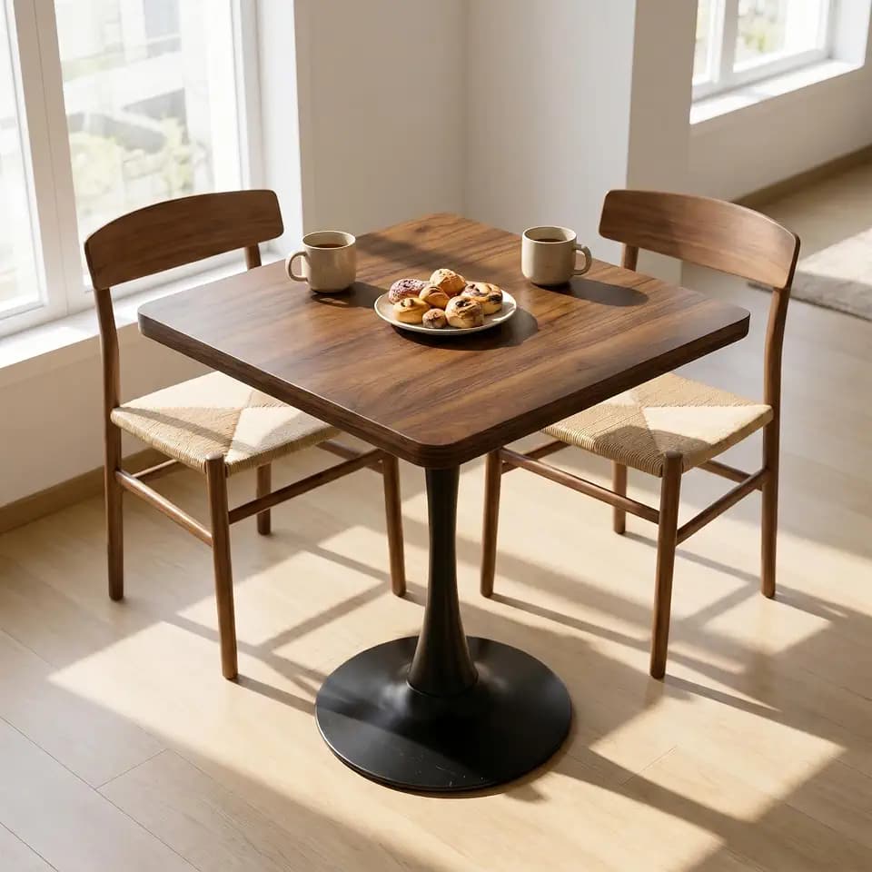Square Tulip Table, 28" Small Table with Metal Pedestal, Walnut