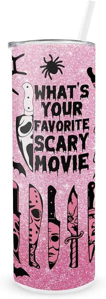 Hogg Halloween Tumbler, Scream Tumbler, Horror Cup, What's Your Favorite Scary Movie, 20oz Stainless Steel Travel Cup with Straw and Lid, Novelty Gag Gift for Birthday and Christmas