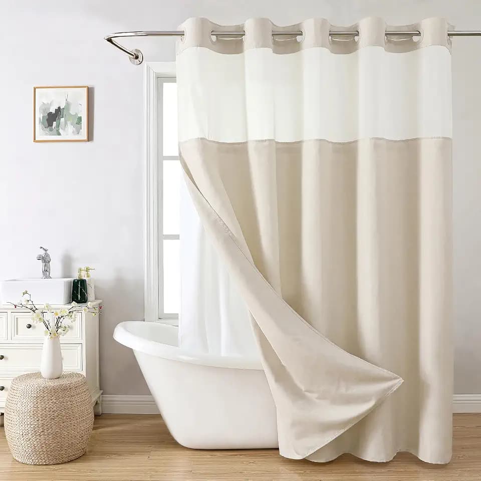eachope No Hook Linen Texture Shower Curtain with Snap-in Liner,71x92 Cream