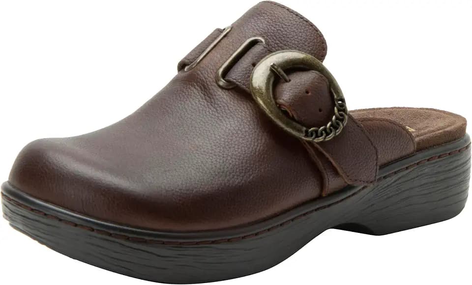Alegria Women's Osmosis Open Back Wood Look Rocker Leather Clog Heel