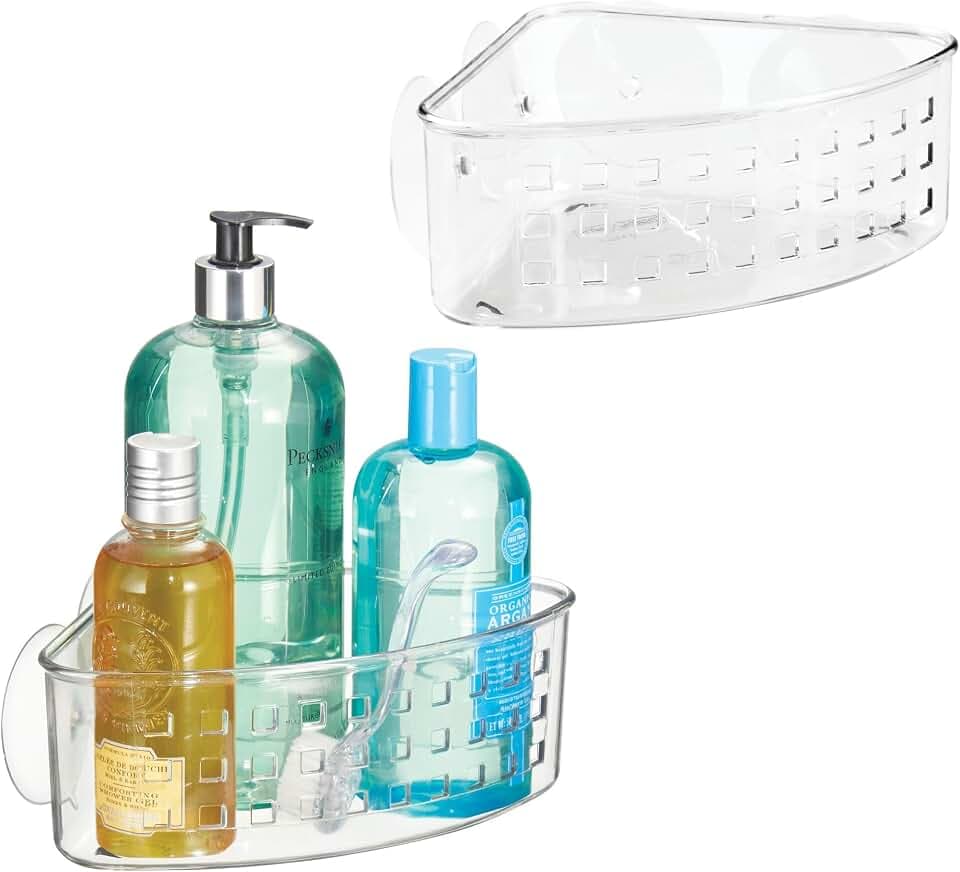 iDesign Plastic Suction Cup Corner Shower Basket, Set of 2, Clear