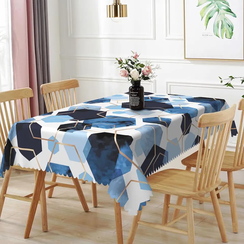 54x86inches Elegant Hexagons Tablecloth Blue White Gold Modern Geometric Abstract Art Fabric Table Cloth Marble Texture Waterproof Table Cover for Kitchen Dining Room Banquet Party Decor