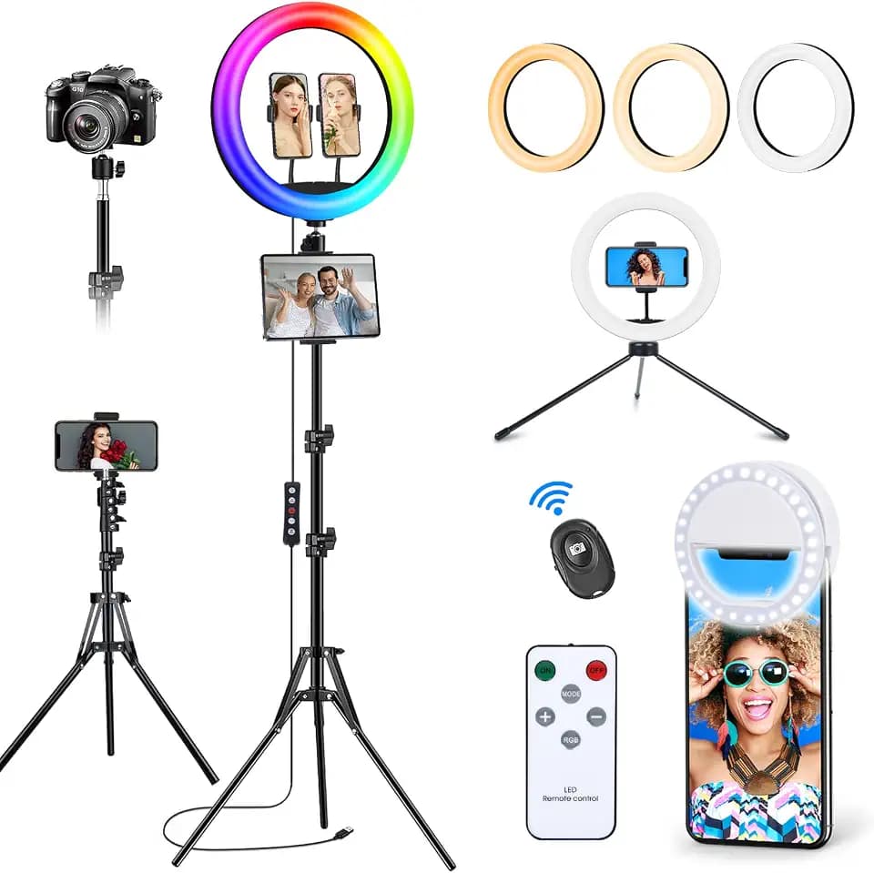 13" Ringlicht mit Stativ Handy, Tisch LED Ring Light Handystativhalter mit ringlicht Dimmbare 50 RGB-Modi,12 Helligkeit Groß Ring Light für YouTube TikTok Makeup Fotografie, Gesamthöhe 193cm