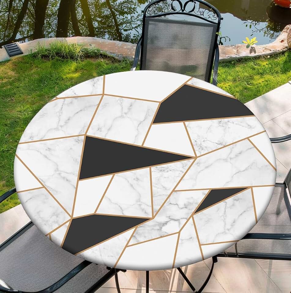 Round Table Cover for Round Tables 36"-70", Fitted Tablecloth with Elastic for Indoor Outdoor Party Holiday, 44inch, Marble Collage