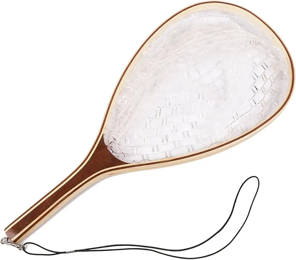 Fashionwu Fly Fishing Landing Net Trout Fishing Net, Soft Rubber Catch and Release Fish Net with Wooden Handle Frame, Gifts for Him