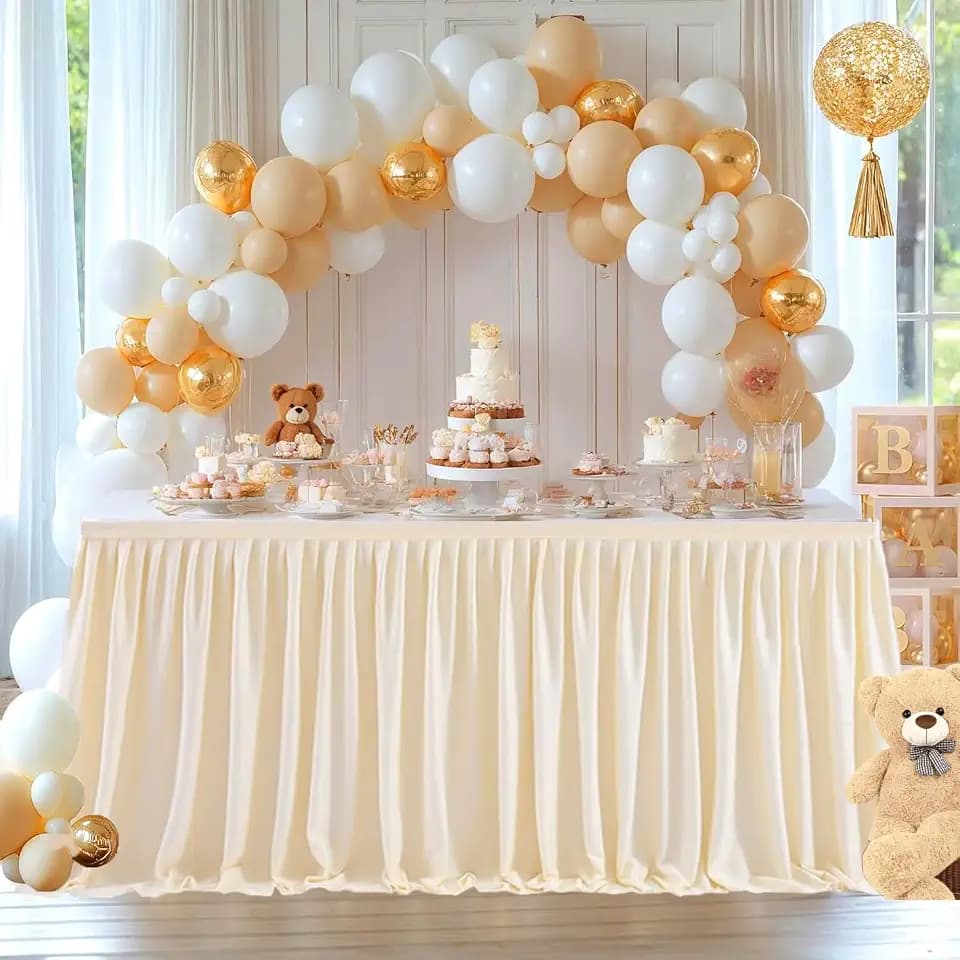 Albass Beige Table Skirt for Rectangle Table 14ft Polyester Table Cloth Wrinkle Resistant Tablecloth with Ruffle for Banquet, Wedding, Baby Shower, Dining Table (Beige, 14ft, 168in(L) X30in(H))