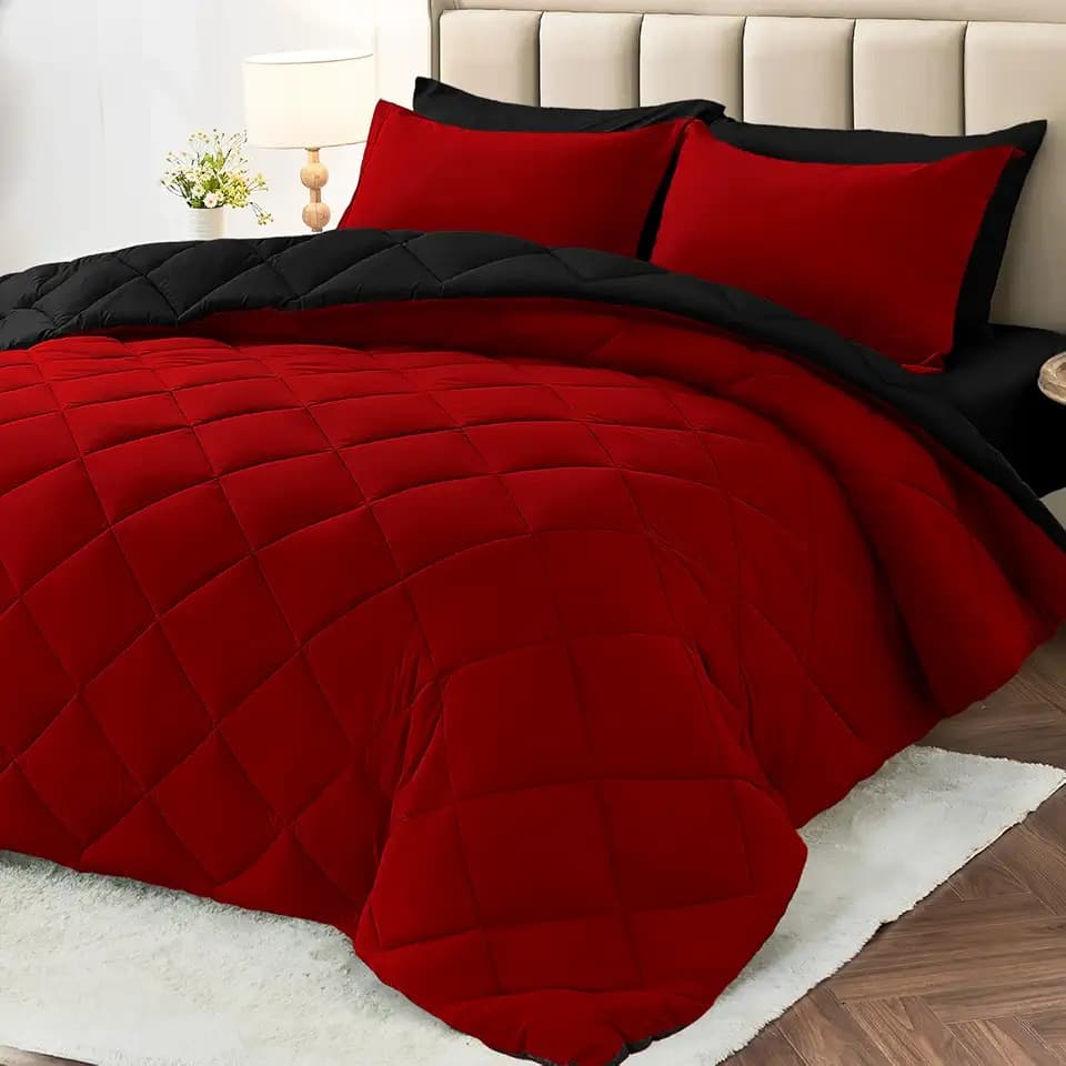 Oversized Queen Comforter Set 7-Piece, Reversible Bed in a Bag, Red/Black