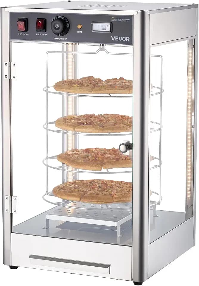 VEVOR Commercial Food Warmer Display, 4-Tier Pizza Warmer with Rotary Steam Heating for 14 in Pizza, 86℉~185℉ Temperature Control and Temp Display, 25W Oven Light + Top LED for Pizza Shop, Restaurant