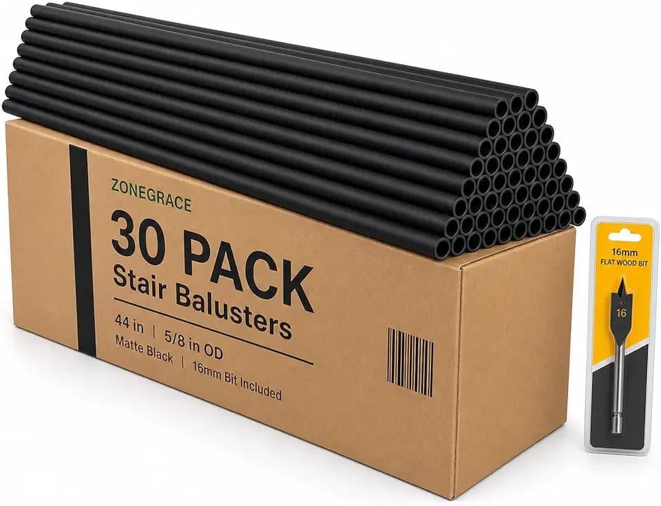 44 in Wrought Iron Stair Balusters, 5/8 in OD Black Spindles, 30 Pack