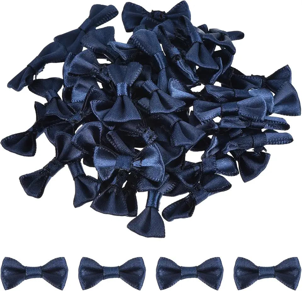 MECCANIXITY 50pcs Navy Blue Bow Ties 1.2" x 0.6" Mini Bowknot for Crafting Little Satin Bows Bulk for DIY Sewing Scrapbooking Wedding Gift Present Home Decoration