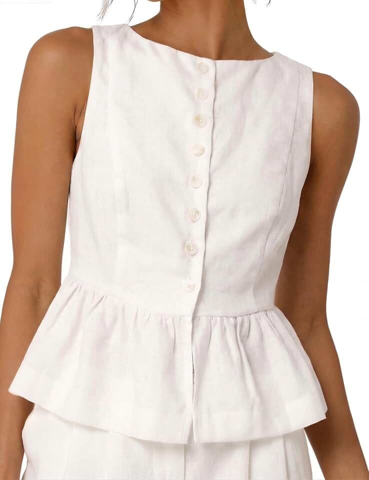 SKIKYAN Women's Linen Tank Top Sleeveless Ruffled Hem Peplum Top