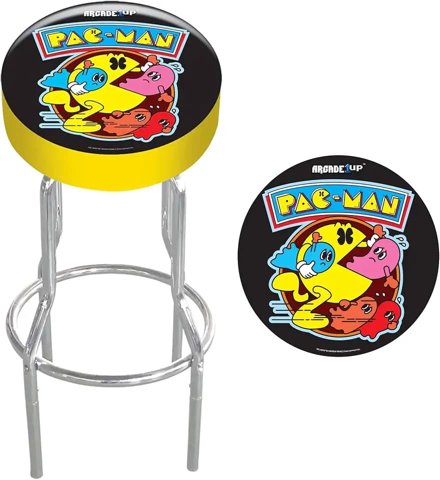 Arcade1Up Adjustable Padded Arcade Game Stool, Steel Frame, Pac-Man, 21.5" to 29.5"- with Leg Extenders, Padded Seat, and Chrome Steel Finish for Home