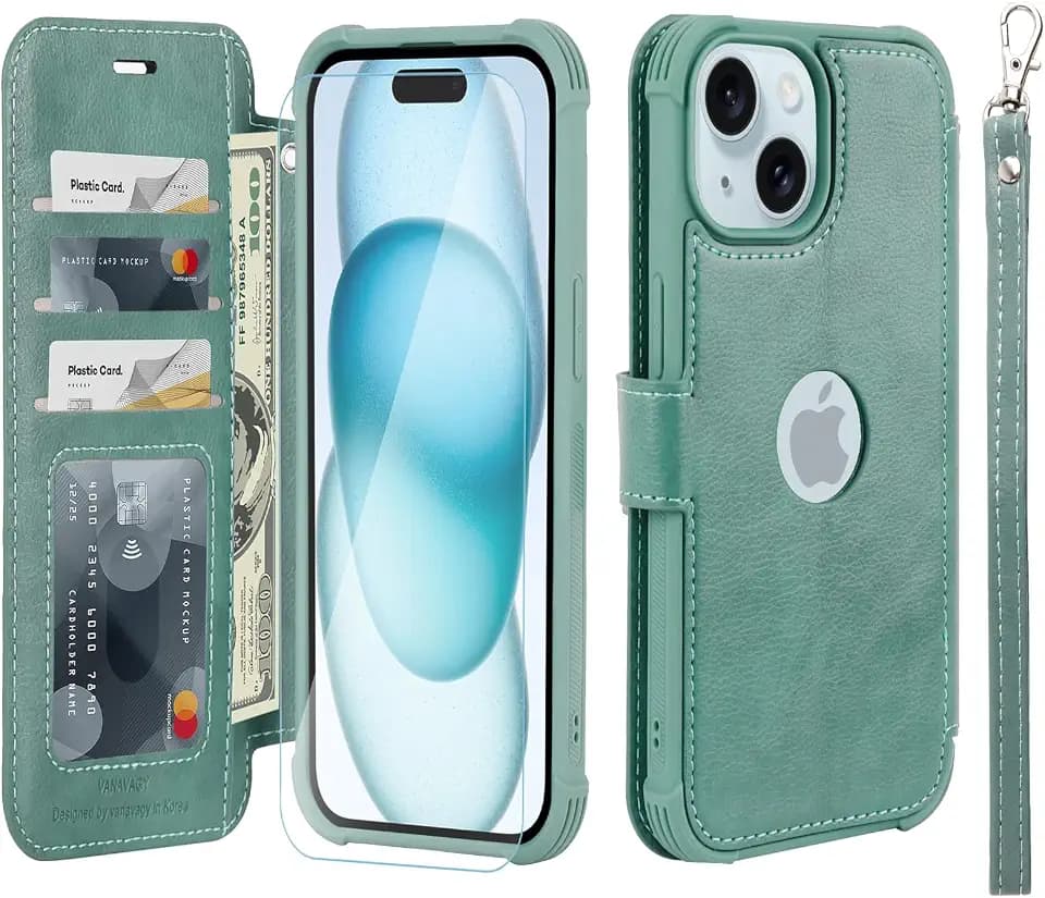 VANAVAGY Handyhülle für iPhone 15 Hülle für Frauen und Männer,Leder Stoßfest Flip Case mit Drahtloser Aufladung und RFID-Blockierung für Apple 15 (6,1 Zoll), Waldgrün