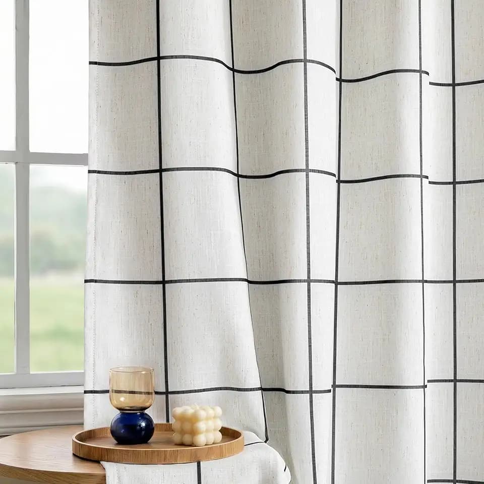 MYSKY HOME 100% Blackout Plaid Linen Curtain 84 Inch Long 1 Panel Black