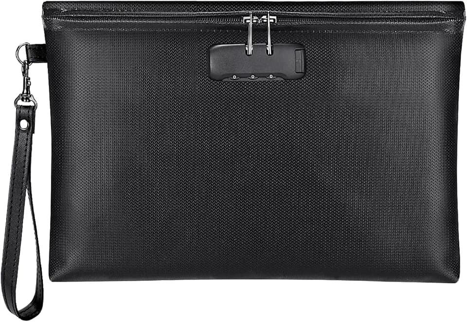 Fireproof Money Bag with Lock, Cash Pouch, 11.2"x7.6", Black