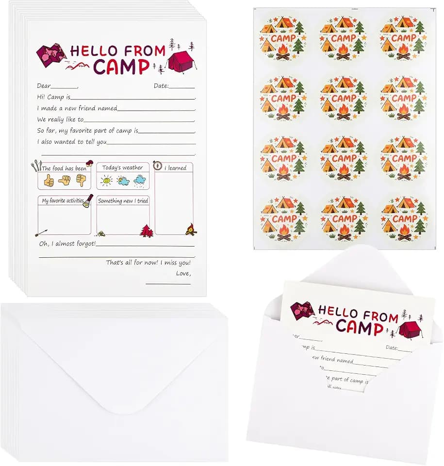 12 Set Sleepaway Camp Flat Cards and Envelopes Set for Campers Girls 5.1 x 7.8 in with Paper & Envelopes & Stickers, Fill in The Blank Camp Stationary,Summer Camp Essentials