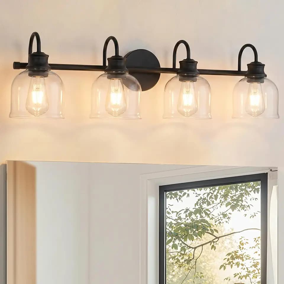 URSOLA 4 Lights 32" Bathroom Vanity Light Fixtures, Matte Black Traditional Classic Vanity Light with Clear Glass, Bathroom Lighting Fixtures Over Mirror