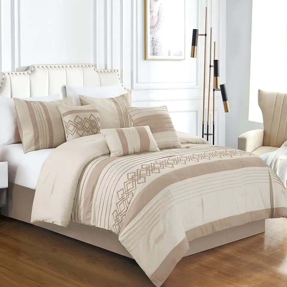 Chezmoi Collection Ariel 7-Piece Taupe Geometric Chenille Embroidery Pleated Striped Comforter Bedding Set, King Size