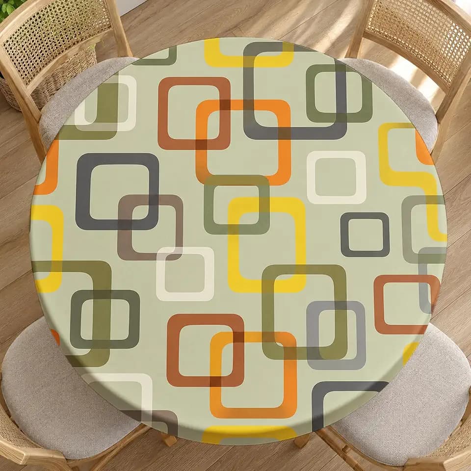 Square Frame Round Table Cloth Cover Vintage Brown Orange Transparent Modern Simple Geometric Tablecloth for Indoor Outdoor Picnic Party Fit for 40"-44" Round Tables