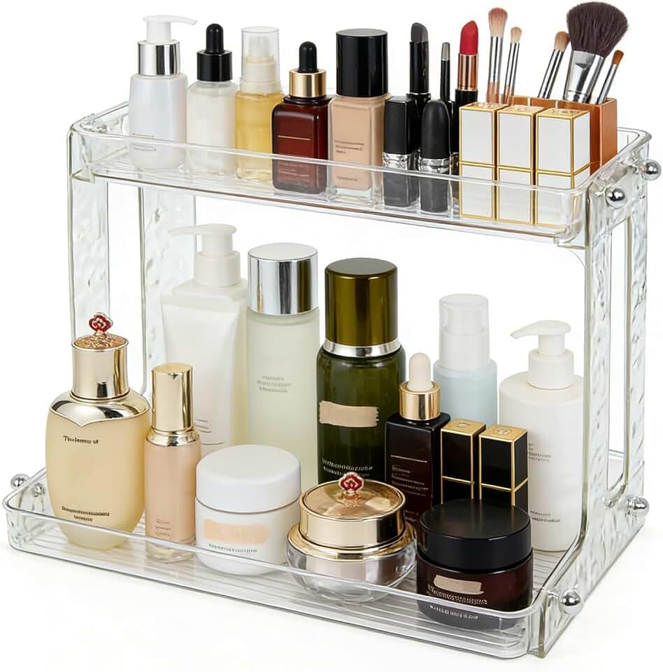VNIMTI 2 Tier Makeup & Skincare Organizer, Large Capacity Makeup Countertop Storage, Perfume Holder Cosmetic Display Cases for Vanity, Desktop, Bathroom, Square, Transparent