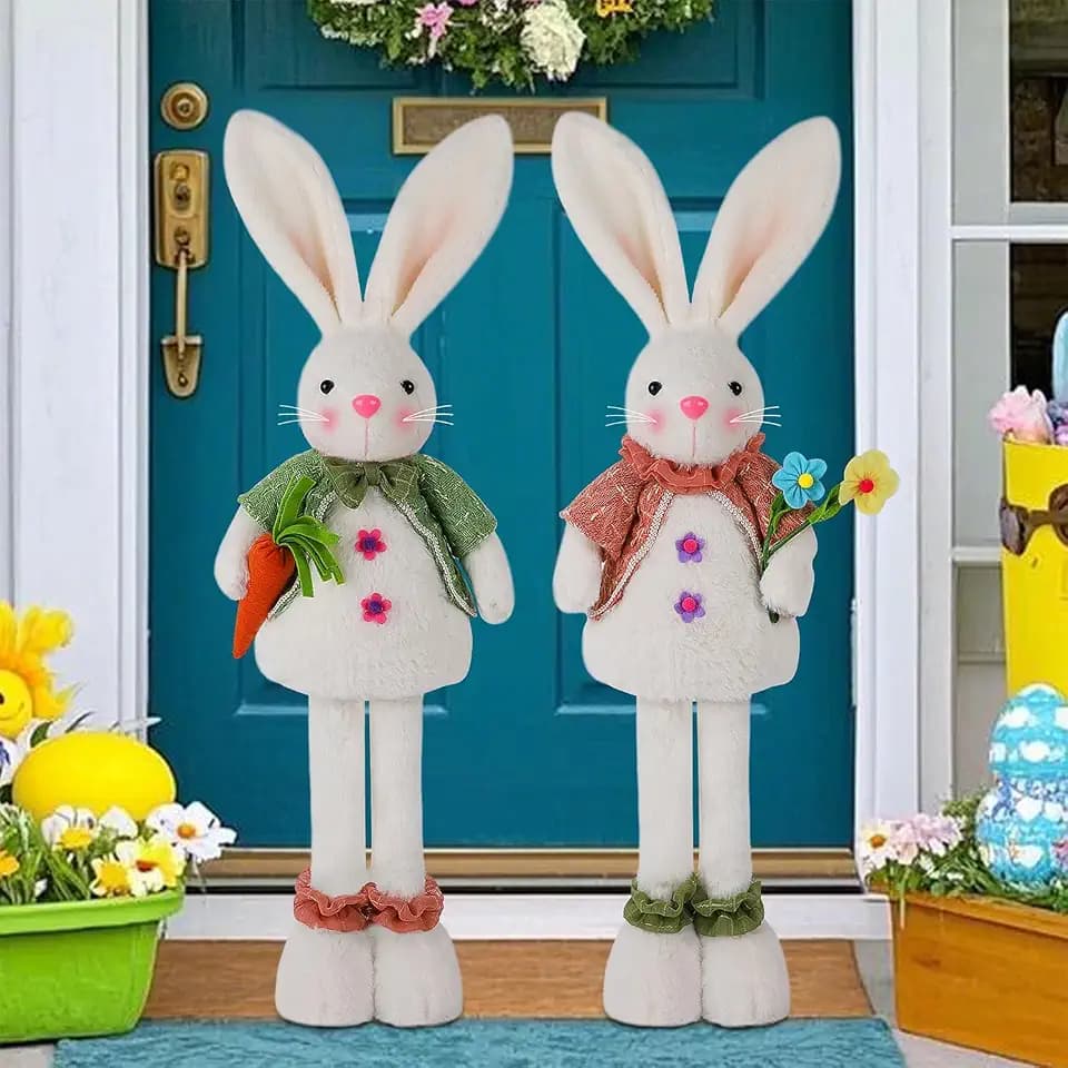Glintoper 2 Pack Easter Standing Bunny with Stretchable Legs, 18" to 25" Plush Rabbits Couple Figurine, Cute Party Favor Photo Props Gifts for Office Kitchen Farmhouse Front Door Spring Home Decor