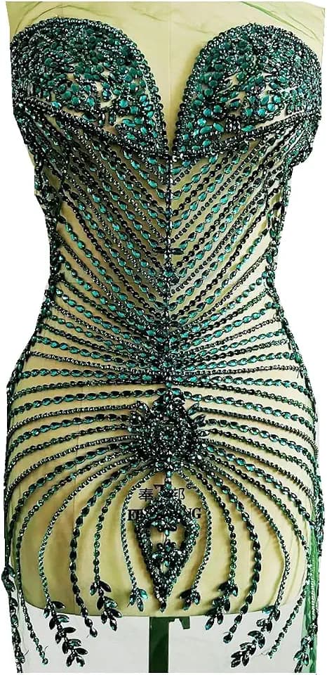 100% Handmade Rhinestones Applique on White net sew on Beads Crystal Patches Accessory for Dress Clothes (deepgreen 3)