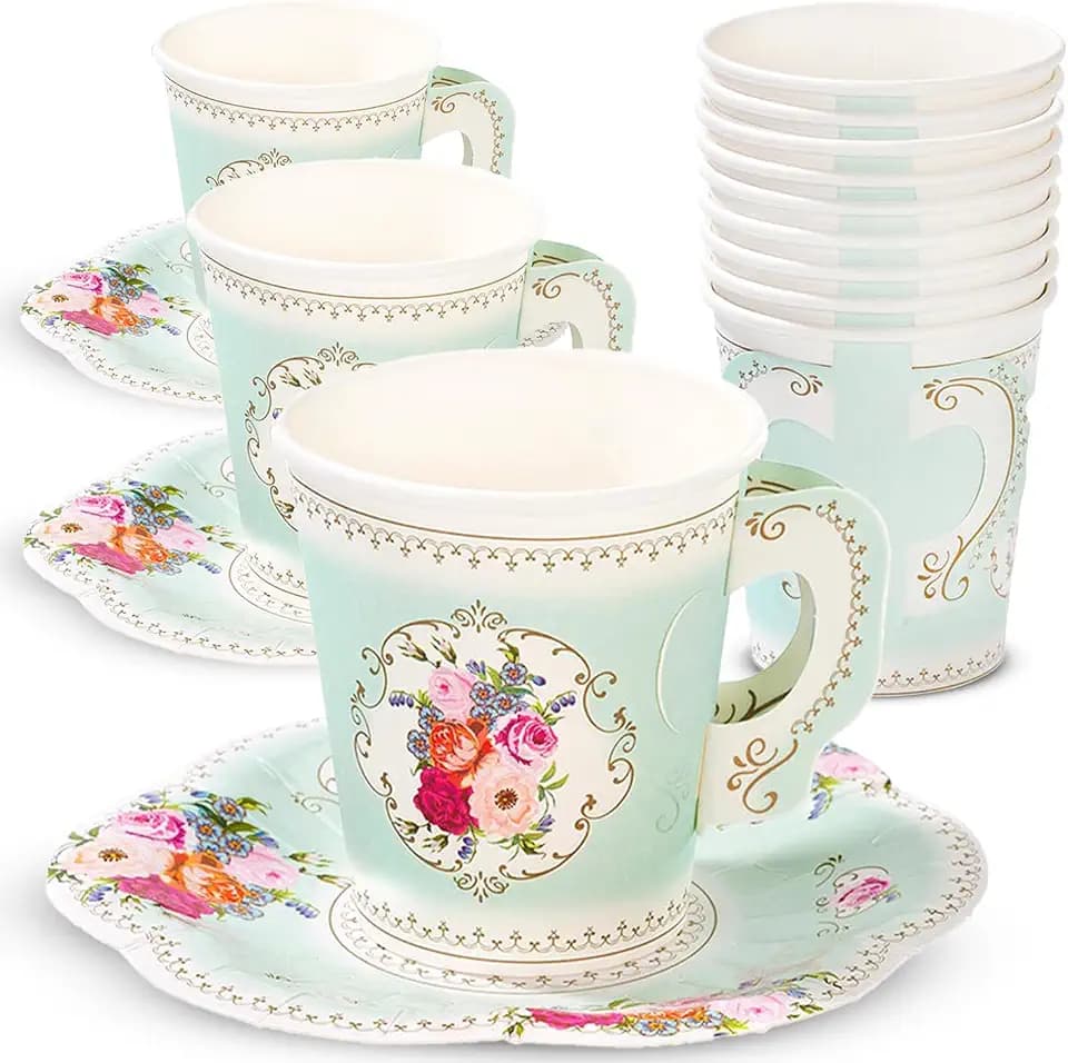 Talking Tables 12 x Paper Tea Cups & Saucers Set, Vintage Floral Disposable Cups for Afternoon Tea Party, Bridal Shower, Baby Shower, Mother's Day, 6 oz, 5.5 in