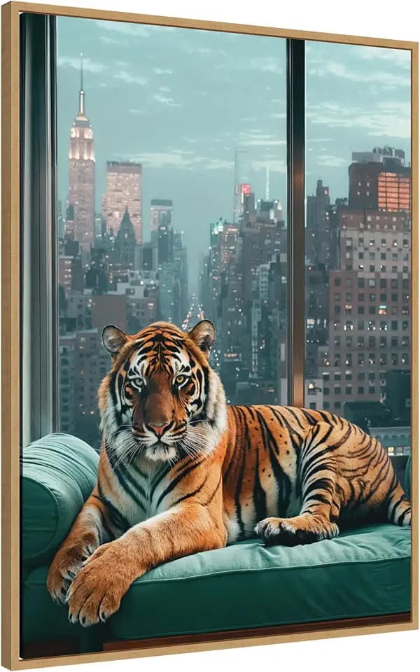 Kate and Laurel Graceful Tiger in New York Framed Canvas Wall Art by Michael Schauer 28 x 38 Sylvie Natural, Industrial Urban, Animals, Cityscapes Art for Wall Decor, Living Room, Bedroom