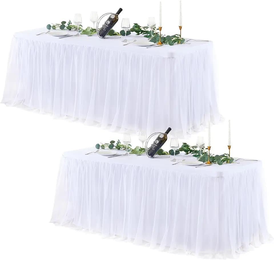 White Tulle Table Cloths for 6 Foot Rectangle Tables, White Tulle Table Skirt Table Cover 6ft Desk Skirt Party Banquet Tablecloth Baby Shower Fabric Elastic Stretch Fitted Ruffle Wedding Table Cloths