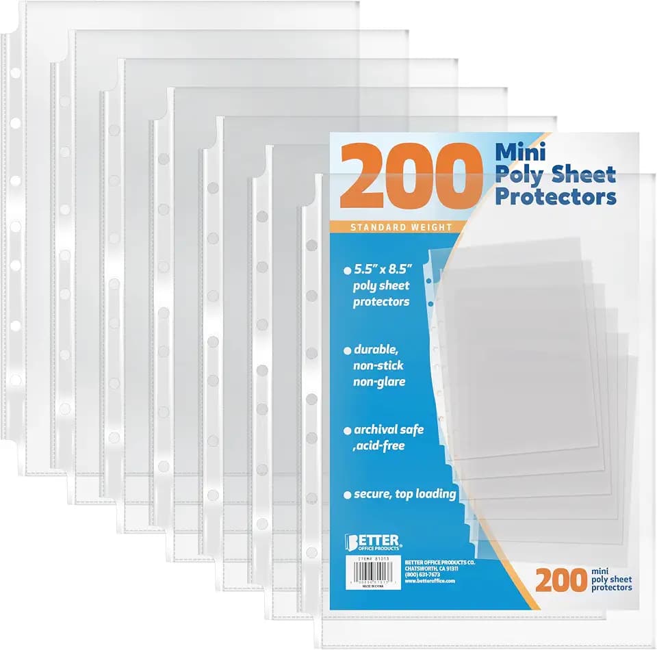 Better Office Products 200 Count Mini Poly Sheet Protectors, Standard Weight, Diamond Clear, 5.5" x 8.5", 200 Pack