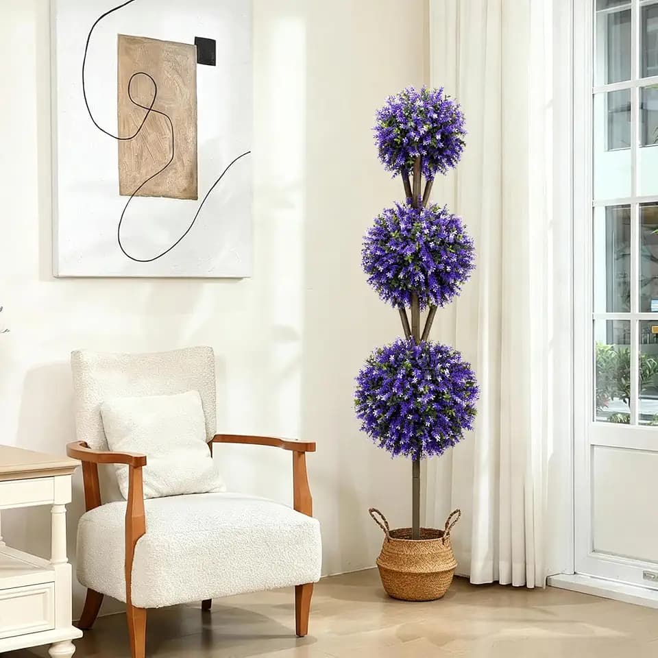 4.26FT Artificial Lavender Topiary Tree, 3 Ball Faux Plant Outdoor UV Resistant, Purple Flower Topiary Low Maintenance Outdoor Patio Home Decor or Indoor Décor