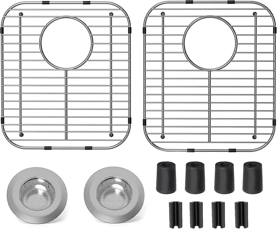 2Pack Stainless Steel Kitchen Sink Grid,13.2" x 11.6" x 1.2" Sink Protectors With Rear Drain Hole,Sink Rack for Bottom of Sink, Anti-rust Metal Sink Bottom Grid With 2Pack Sink Strainers