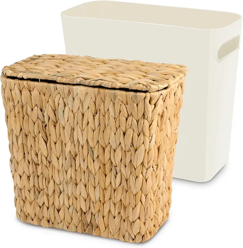 Wicker Trash Can with Lid and Liner, Handwoven Wicker Waste Basket, Water Hyacinth Bathroom Trash Can, Boho Rattan Garbage Wastebasket for Bedroom Home Living Room Office Kitchen, 2.5 Gallon