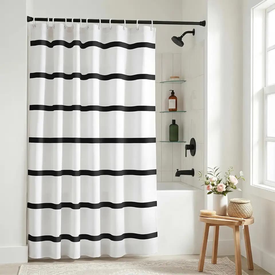 Belora Home Black and White Shower Curtain - PVC-Free & Washable - Boho Modern Farmhouse Bathroom Decor - 72x72 Inches Soft-Touch Polyester Fabric - Scandinavian Striped Design