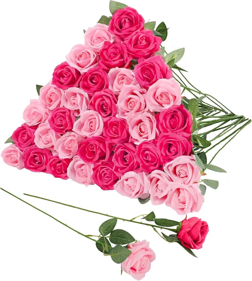 36 Pcs Pink, Hot Pink Artificial Roses with Long Stems
