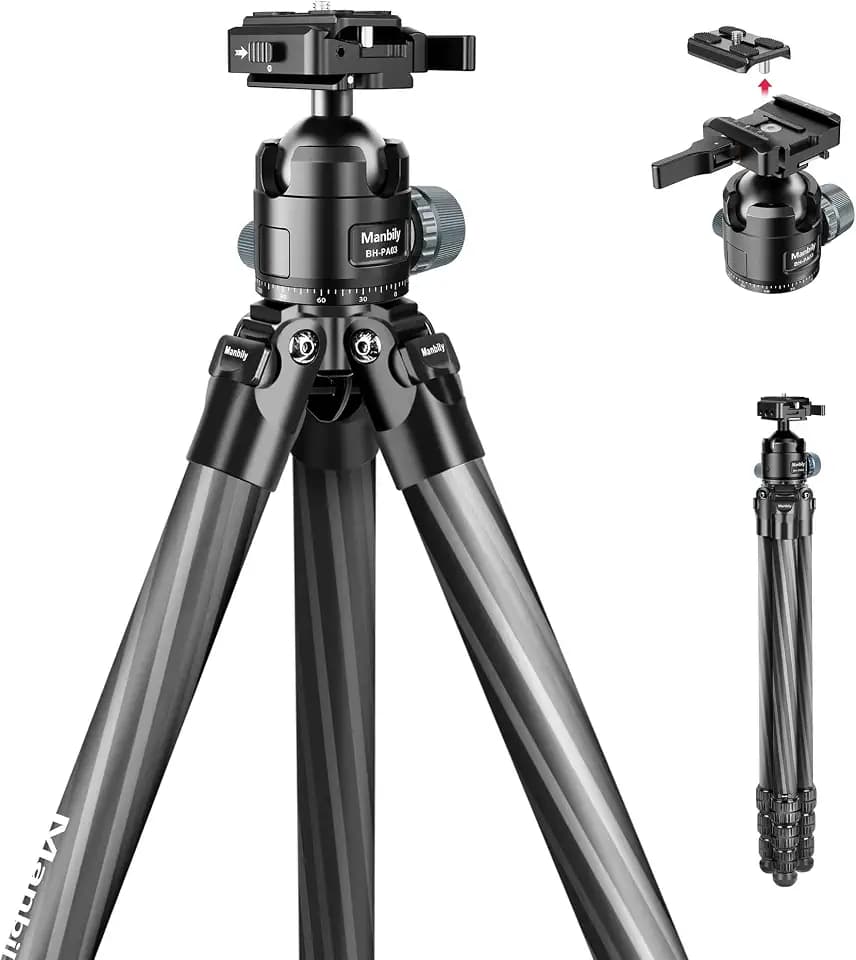 Manbily Carbon Fiber Hunting Tripod with 44mm Ball Head and Arca Swiss & Picatinny Adapters, 62.2" Heavy Duty Stable Tripod for Shooting, Hunting and Outdoors (WZ-324PA03)