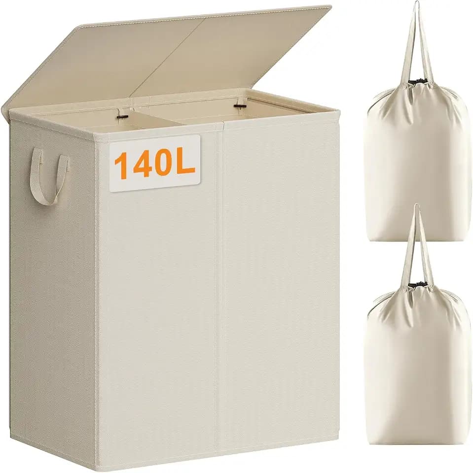 Chrislley Double Laundry Hamper with Lid, 140L Laundry Basket 2 Section