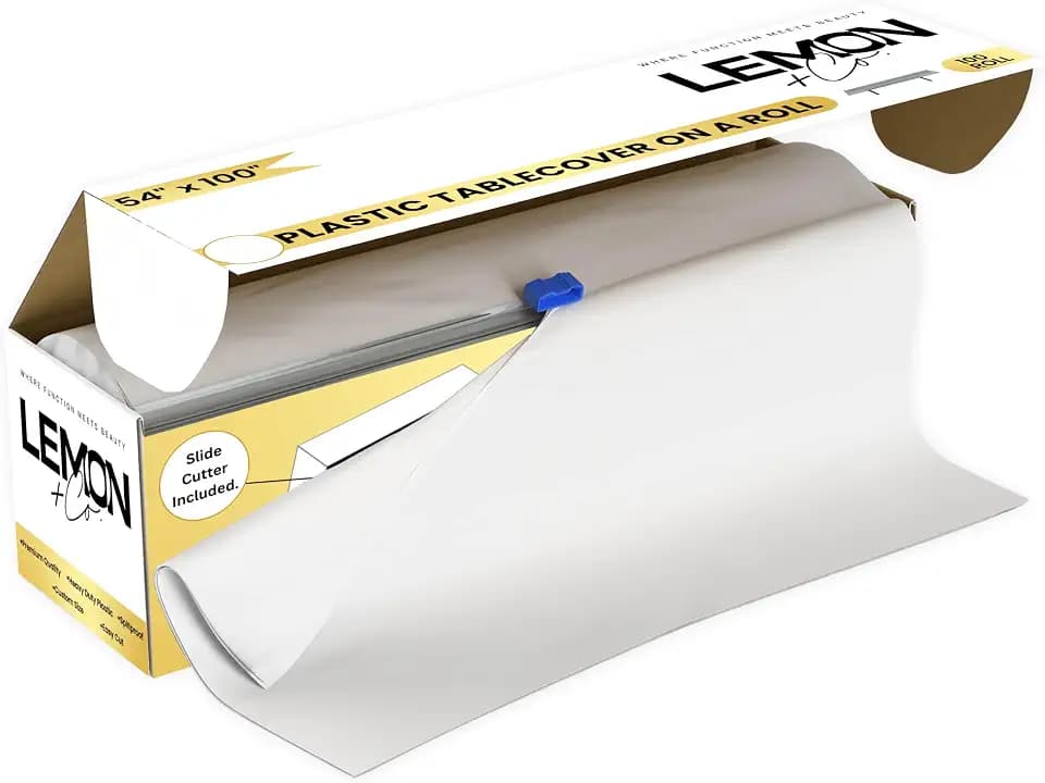 LEMON + Co. White Premium Plastic Tablecloth Roll - 54" x100' for Parties with Cutter Box - Cut to Size Rectangle & Round Disposable Tablecloth Plastic Table Cover