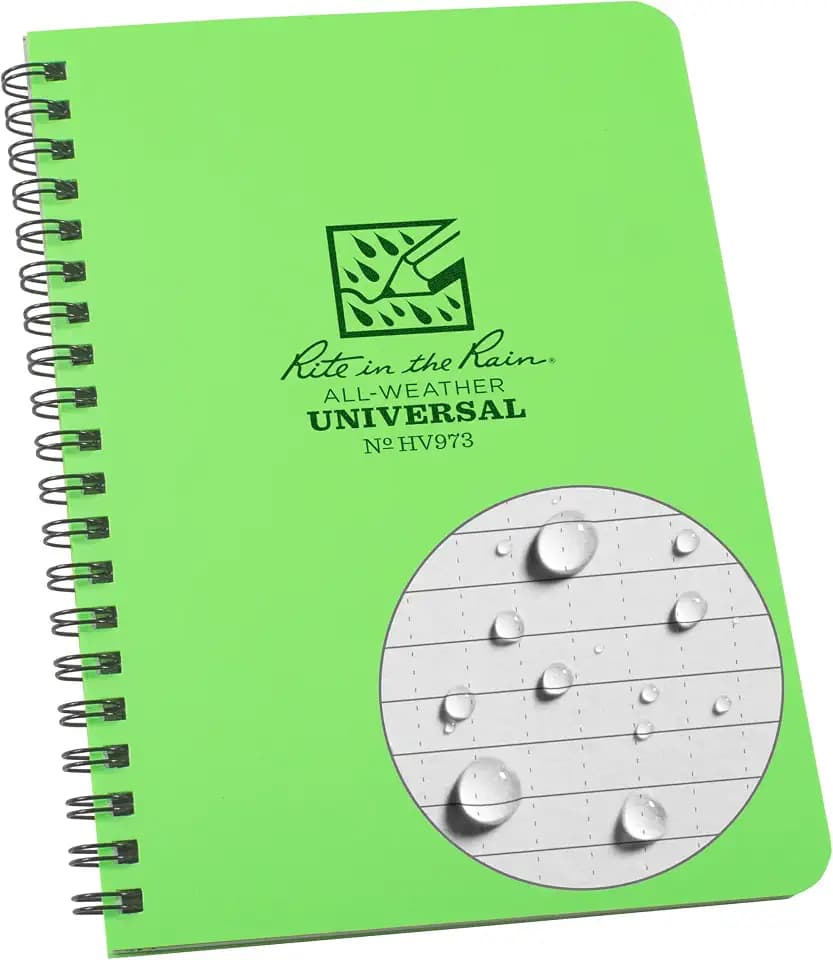Rite in the Rain Weatherproof Side Spiral Notebook, 4.625" x 7", Hi Vis Green Cover, Universal Pattern (No. HV973)
