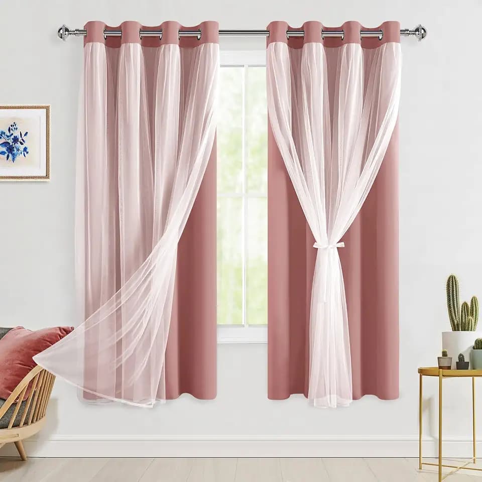 Hiasan Blackout Curtains with Sheer Overlay, Dusty Pink, 52W X 63L, 2pcs