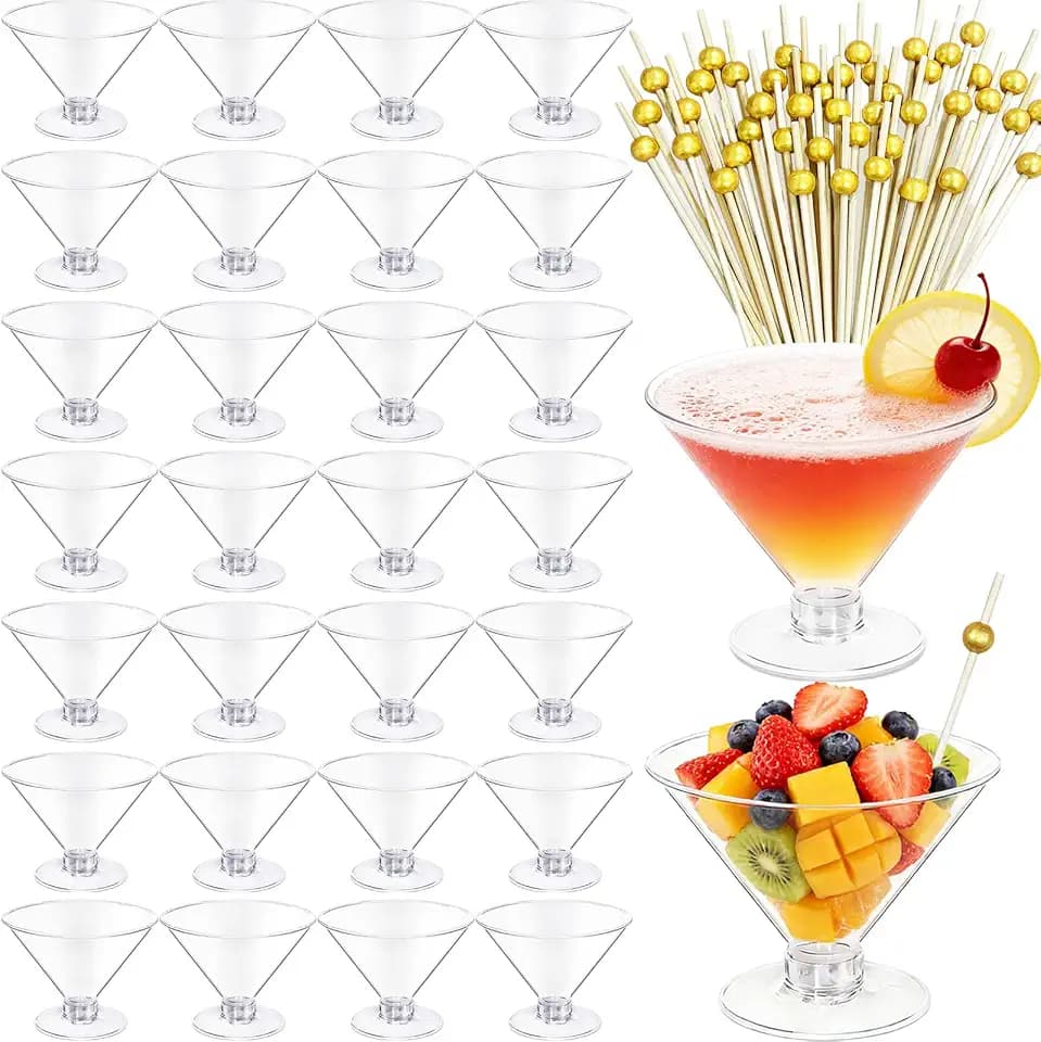 Alaeseje 60 Pcs 5 oz Plastic Martini Glasses with 60 Pcs Cocktail Sticks