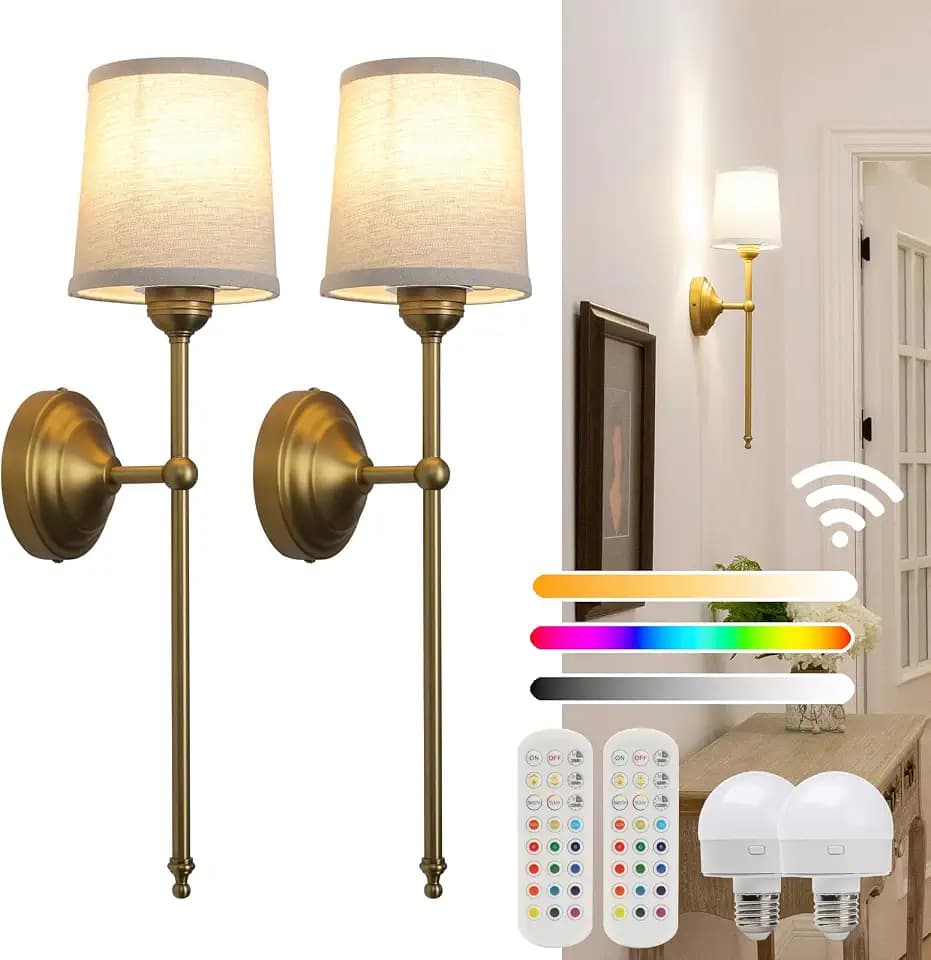Battery Operated Sconces Wall Lighting Set of 2 with Fabric Shade
