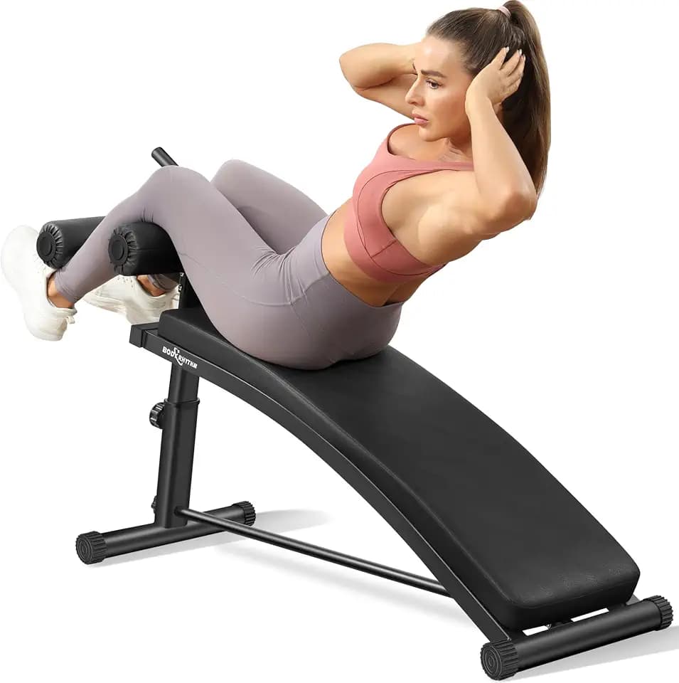 BODY RHYTHM Sit Up Bench with 4 Adjustable Heights and Reverse Crunch Handle, Curved Ab Workout Bench for Home Gym, Adjustable Weight Bench for Core Workouts and Decline Bench Press, Suitable for Individuals Up to 5.9ft Tall.