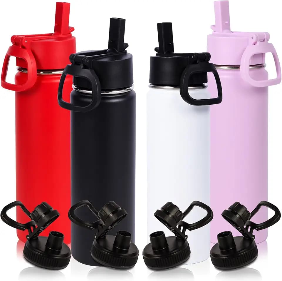 Volhoply 20oz Insulated Stainless Steel Water Bottle with Straw Lid Bulk 4 Pack,Kids Double Wall Vacuum Cups with Handle,Reusable Outdoor Sports Camping Bottles,Travel Flask Keep Cold&Hot(Mix,4)