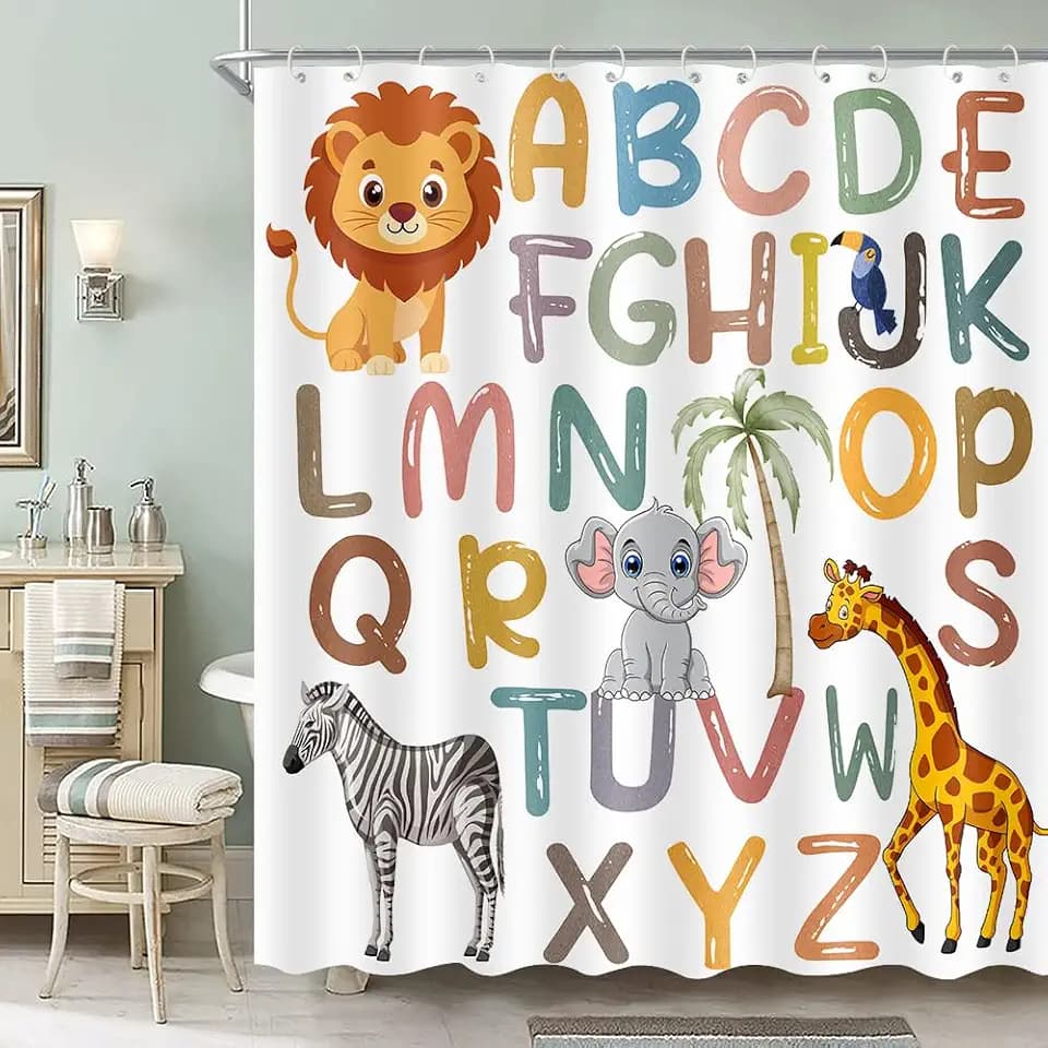 Jungle Animal Shower Curtain, ABC Alphabet Educational Bathroom Decor 72x72