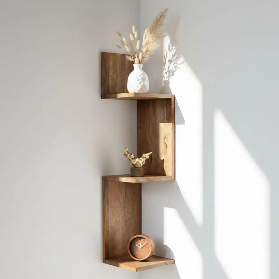 Sculptural Zig Zag Corner Wall Mounted Shelf for Entryway Corner Display - Hanging Mango Wood Storage Organizer Living Room or Office Styling- Wall Organizer for Books and Decorations - 33", Brown