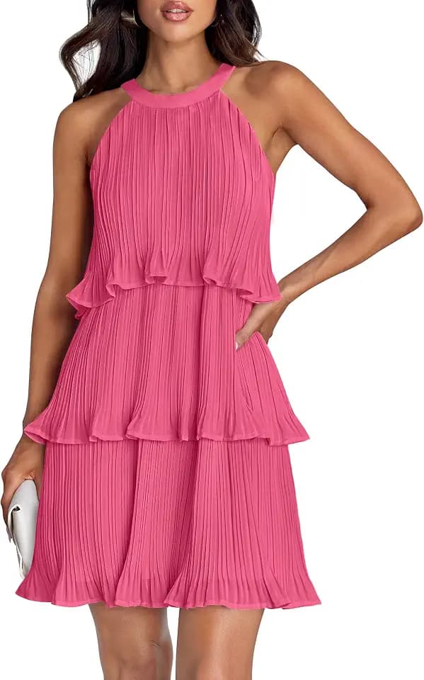 ZESICA Women's Summer Halter Ruffle Tiered Cocktail Mini Dresses